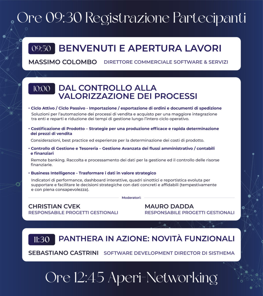 Agenda | Evento | Esperienze che contano. Visioni che guidano. - Confronto operativo su Panthera ERP, 5 novembre - Lecco